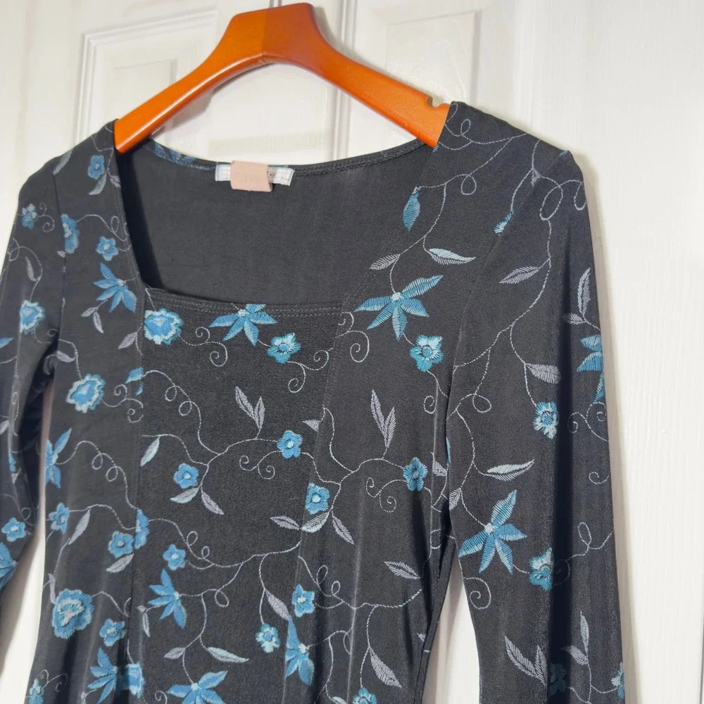 Vintage Y2K La Belle Floral Fitted Top‎ Fairy Grunge Whimsigoth Square Neck L